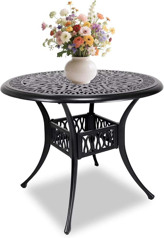 35" Outdoor Dining Table, Cast Aluminum Patio Bistro Table with 2.44" Umbrella Hole, Patio Furniture for Backyard Garden, Black