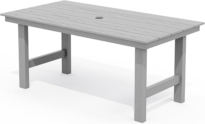 SERWALL 67" Outdoor Dining Table - HDPE All-Weather Rectangular Patio Table with Umbrella Hole, Light Gray