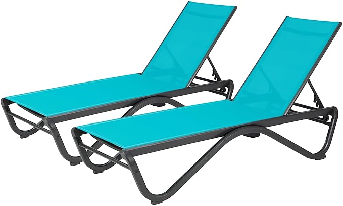 Kozyard Outdoor Chaise Lounge Chair, Full Aluminum Frame, Adjustable Reclining Patio Lounger for Poolside, Sunbathing & Backyard, Textilene (Aqua, 2Chairs)