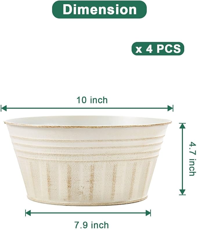 vensovo 10 Inches Beige Metal Rustic Plant Pots - 4 Pcs Large Shallow Galvanized Planters with Drain Hole and Rubber Plug, Rustproof Tin Bucket Succulent Pot Indoor Farmhouse Vintage Style for Decor