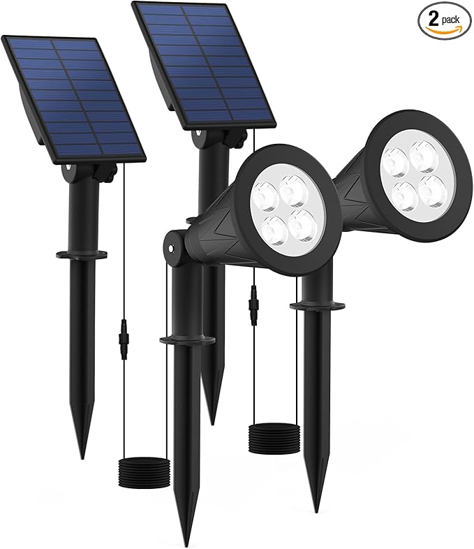 T-SUNUS Christmas Solar Powered LED Spot Light White 6000K, Separated Panel with 9.8ft Cable IP65 Waterproof Spotlights Outdoor Landscape Garden Lights for Flag Patio Yard Driveway Halloween 2 Pack