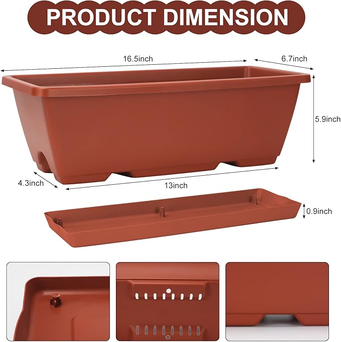 Window Box Planter, 6 Packs 17 Inches Rectangle Planters Box with Drainage Holes and Trays, Vegetable Planters for Windowsill Patio Garden Home Decor Porch Yard Red