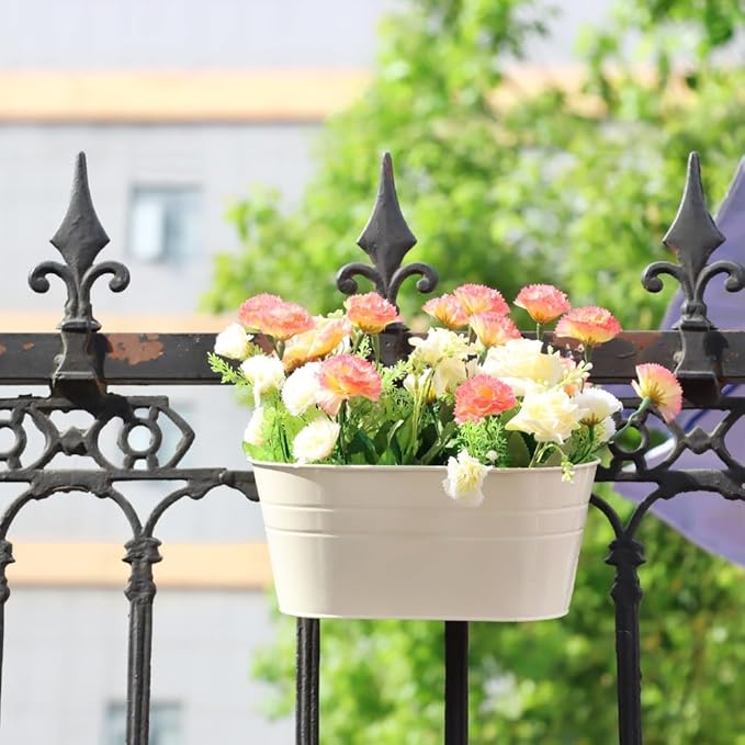 Meltset 3 Pack Metal Iron Hanging Flower Pot, Oval Railing Fence Garden Balcony Planter Pots, Metal Bucket Flower Holders for Wall Indoor Outdoor Home Décor, Beige