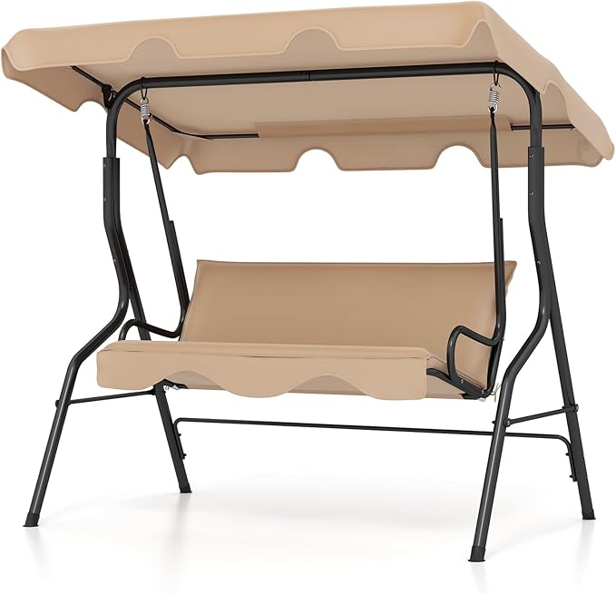 Tangkula 3 Person Porch Swing, Patio Swing with Removable Cushion & Powder-Coated Steel Frame, Outdoor Swing with Canopy for Porch, Backyard, Garden, Balcony (Beige)