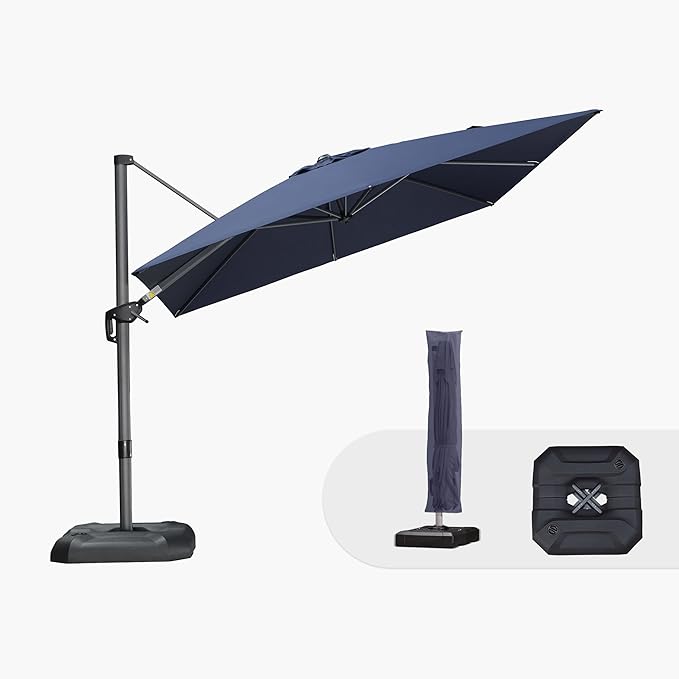 PURPLE LEAF 9'×9' Patio Umbrella with Base Outdoor Cantilever Umbrella with Cover Aluminum Square Offset Umbrella with 360-degree Rotation for Deck Pool Garden Navy Blue