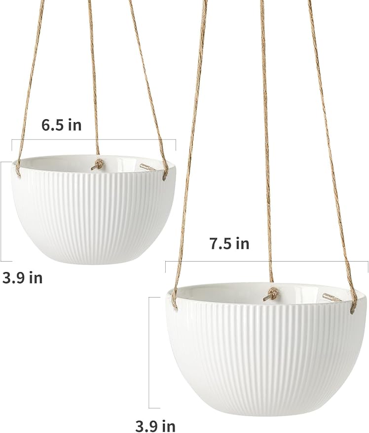 UBEE Ceramic Hanging Planters Indoor Outdoor, 7.5 Inch + 6.5 Inch Hanging Flower Pot for Plants Hanging Basket for Succulent Pothos Herbs Window Home Decor, 2 Pack, White