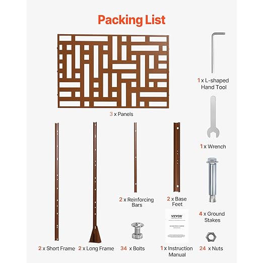 VEVOR Metal Privacy Screen, 47" W x 76" H, Outdoor Privacy Screens 3-Panel, Freestanding Outdoor Divider with Stand, Decorative Garden Steel Privacy Fence for Balcony Patio Indoor Room Hot Tub Brown