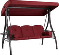 HOMREST 3 Seat Outdoor Porch Swing with 1.5" Deepened Cup Holder, Adjustable Canopy, Patio Swing Bed with Stand, Patio Glider Swing with Thicken Cushions, Pillow for Yard, Garden(Wine Red)