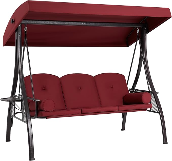HOMREST 3 Seat Outdoor Porch Swing with 1.5" Deepened Cup Holder, Adjustable Canopy, Patio Swing Bed with Stand, Patio Glider Swing with Thicken Cushions, Pillow for Yard, Garden(Wine Red)
