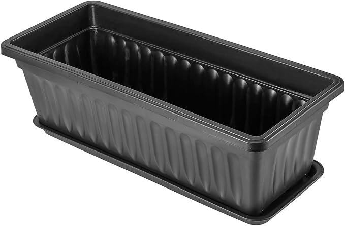 6 Pack 17 Inch Flower Window Box, Plastic Vegetable Planters Long Pots with Tray, Black Garden Flower Plant Pot for Windowsill Patio Garden Porch Balcony, with 30 PCS Plant Labels