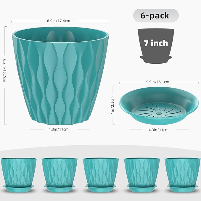 6 Pack 7 Inch Indoor Plant Pots with Drainage Holes, Outdoor Plastic Decorative Flower Pots, Garden Planters with Tray Saucers for Orchids, Violets, Succulents, Herbs, and Other Plants