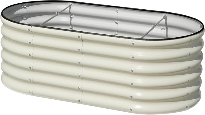 SnugNiture 4x2x1.5ft Raised Garden Bed Outdoor, 17" Tall Galvanized Metal Planter Box, Oval Raised Garden Bed Kit for Planting Vegetables Plants Fruits, Beige White