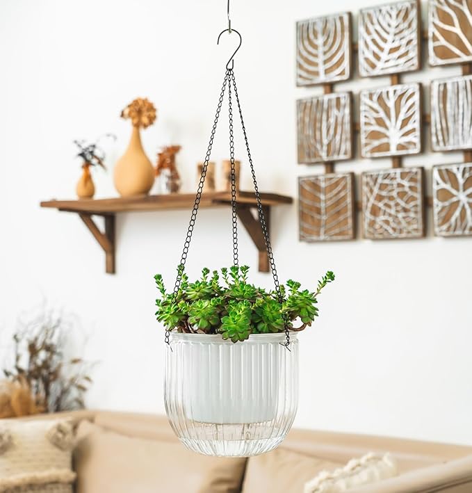 Melphoe Self Watering Hanging Planters for Indoor Plants, 1 Pack 8.3 Inch Outdoor Hanging Plant Pot Basket, 2 Kinds of Hangers Macrame 35.5’’ & Metal Chain 19.6’’ for Garden Home Decor