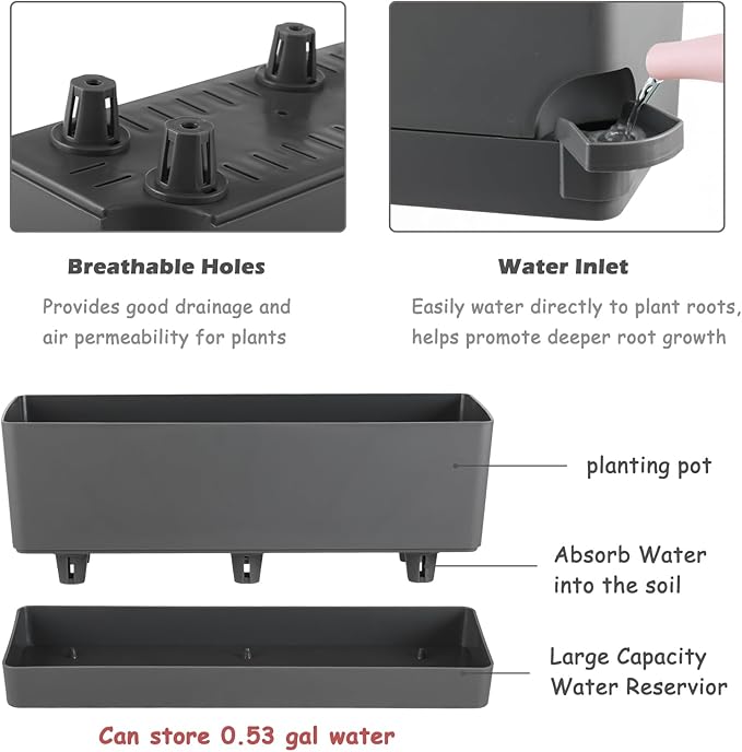 4 Pack Self Watering Pots for Indoor Plants 17 Inches Window Boxes Planters Rectangular Flower Pots Rectangle Herb Pots Large Plant Pots with Drainage Holes and Saucers Windowsill Planter, Grey