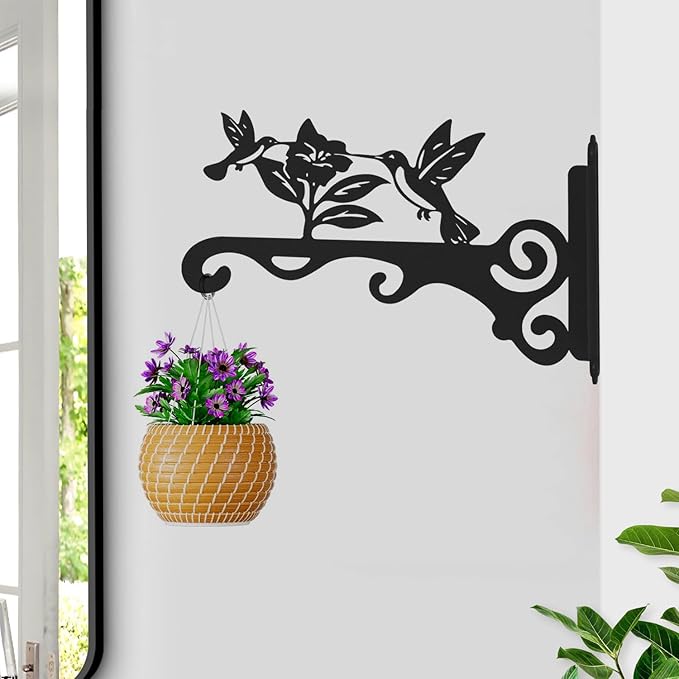Elegant Bird Pattern Wall Hooks - 10/12/14 Inch Metal Plant Hangers for Indoor & Outdoor - Rust-Resistant Bracket for Plants, Feeders, Chimes, Lanterns (2, Black, 10 inch)