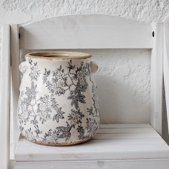 Rustic Farmhouse Ceramic Flower Pots, Vintage Antique Planters & Vase with Drainage Hole for Indoor/Outdoor, Handmade Crackle Glaze Terracotta Pottery Decor for Home Kitchen Office, Gardening Gifts