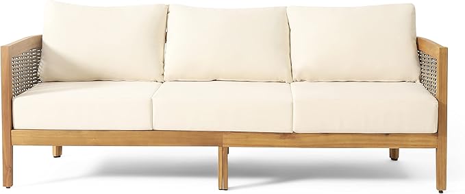 Merax 76.5" Outdoor Acacia Wood Wicker 3 Seater Sofa, Patio Furniture Couch for Backyard