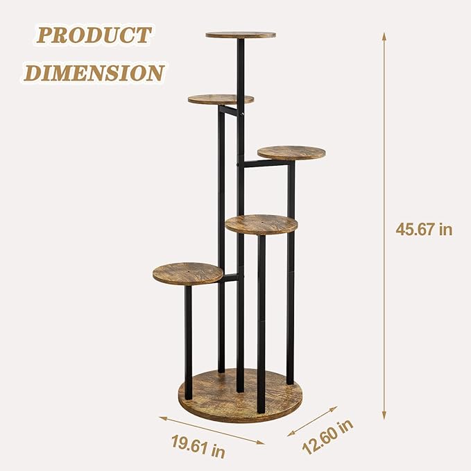 Plant Stand Indoor 6 Tier 9 Potted Multiple Flower Pot Holder for Patio Garden Balcony Living Room Corner (6 Tier Black+Rustic Brown)