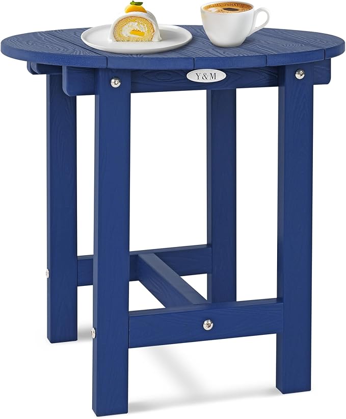 Y&M Outdoor Side Table, Waterproof Four-Legged Round Entryway End Table, Single-Tier HDPE Modern Small Coffee Nightstand for Bedroom, Living Room, Patio, Indoor or Outdoor Use, Navy Blue