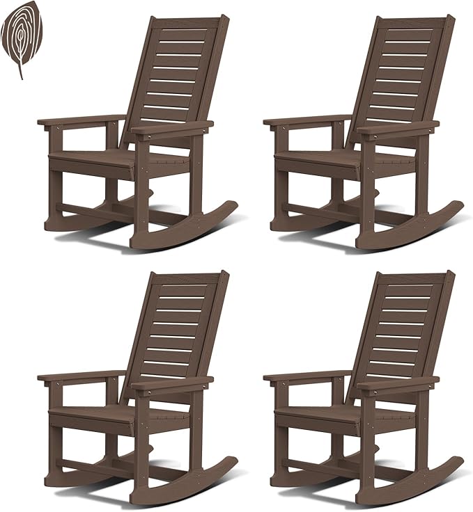 GREENVINES Outdoor Rocking Chairs | Set of 4 | Porch Rocker | HDPE Plastic | Wood Grain | Oversized Rockers | High Back | Big & Tall | Ladder Back | Dark Brown | for Patio Outside