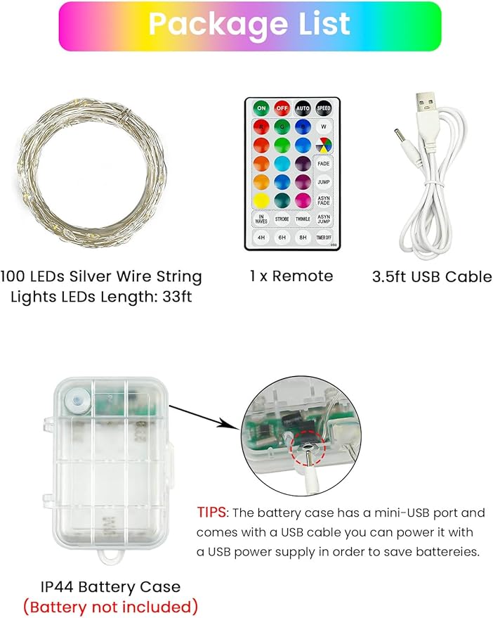 RGB Color Changing 33Ft 100LED St. Patrick's Day Fairy Lights Battery Operated, Waterproof String Lights USB Powered with Timer for Indoor & Outdoor, 18 Colors & Multicolor for Bedroom Christmas Decor