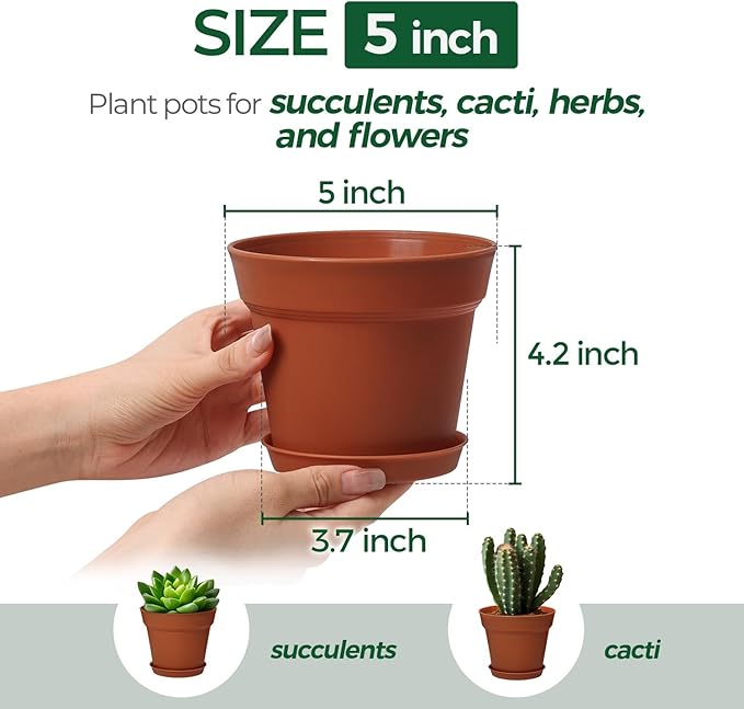 T4U 5 Inch Plant Pot 8-Pack, Plastic Pots with Drainage Hole and Saucer, Decorative Flower Pots Bulk for African Violet, Snake Plant, Succulent and All House Plants Indoor (8pcs 5" Pots)