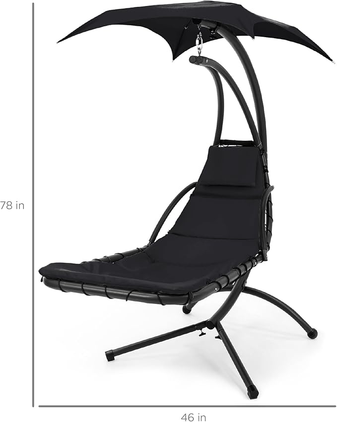 Best Choice Products Outdoor Hanging Curved Steel Chaise Lounge Chair Swing w/Built-in Pillow and Removable Canopy - Black