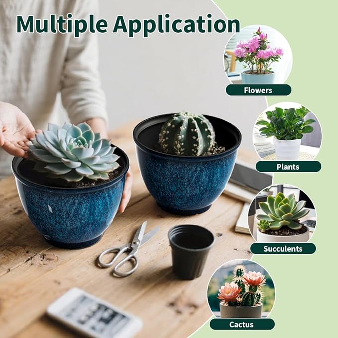 Plant Pots, Set of 4 Plastic Planters with Drainage Hole, 8 Inch Glaze Plastic Flower Pots for Plants, Nursery Planting Pot, Planter for Indoor Outdoor Home Decorative(Blue)