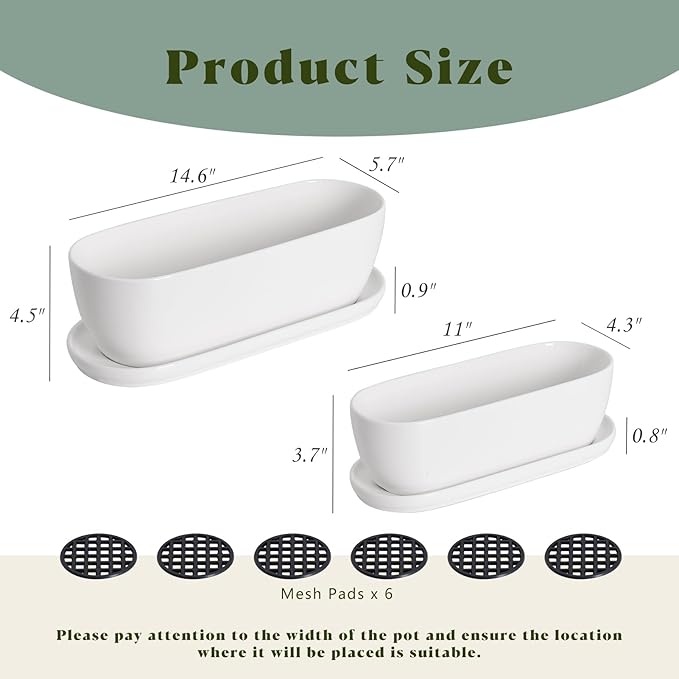E-liu Ceramic Plant Pots, 11+14 inch, Set of 2, Planters with Drainage Holes Saucers and Mesh Pads, Indoor Flower Succulent Pot with Hole Mesh Pad, Gifts for Mom, Plants Not Included