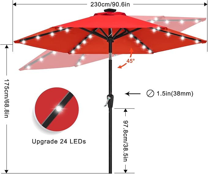 ABCCANOPY Durable Solar Led Patio Umbrellas with 24LED Lights 7.5FT with 6 Sturdy Ribs (Logo Red)