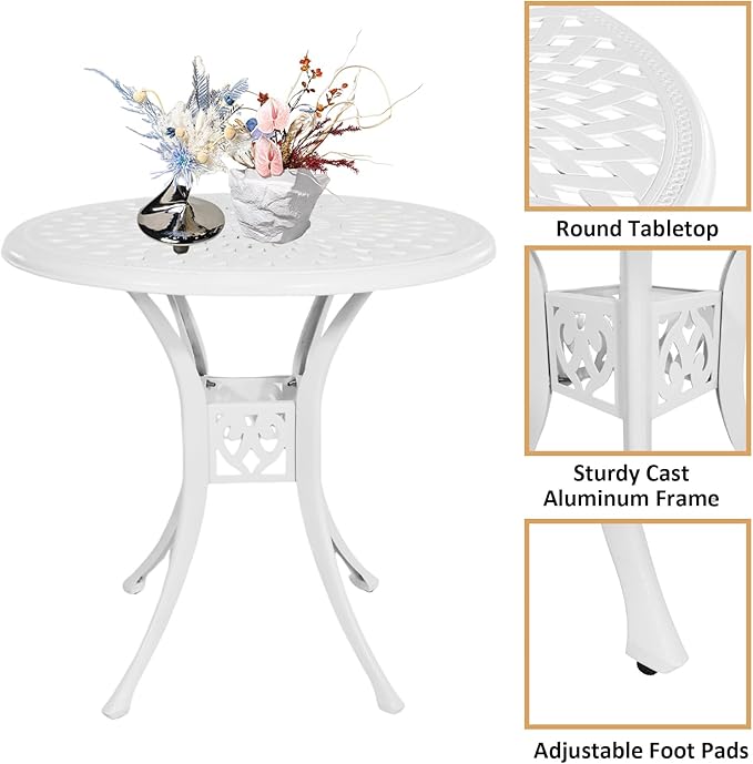 30.31" Outdoor Patio Dining Table, Cast Aluminum Bistro Table, Patio Furniture Set with 2.36" Umbrella Hole for Balcony Lawn Garden Backyard