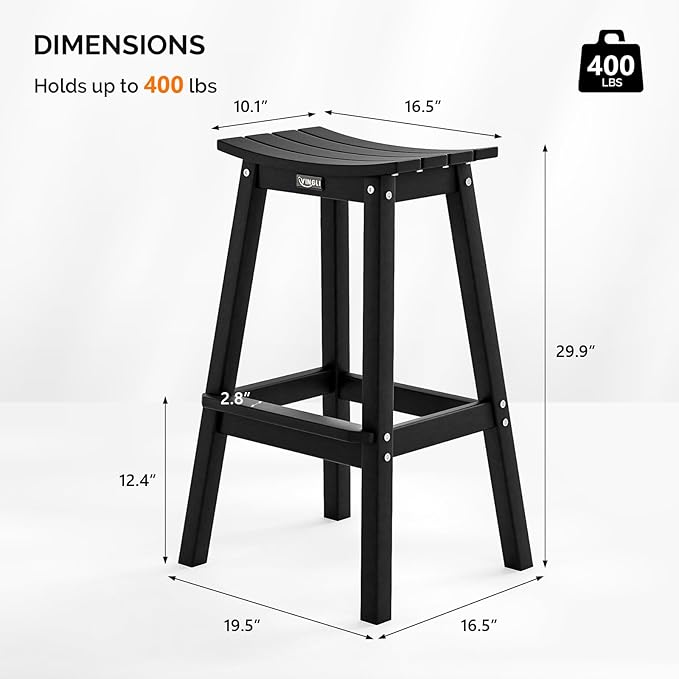 VINGLI 29" Outdoor Bar Stools Set of 2, HDPE Poly Lumber Bar Chairs with Footrest, Weather Resistant Patio Barstools for Bar, Kitchen Counter, Yard (Black, 29 Inch 2 PC)