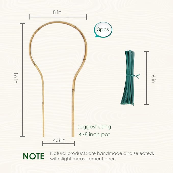 Plant Trellis Indoor 16in, Loop-Shaped Bamboo Trellis - 3 Pack for Climbing Plants, Hoya, Potted Plants
