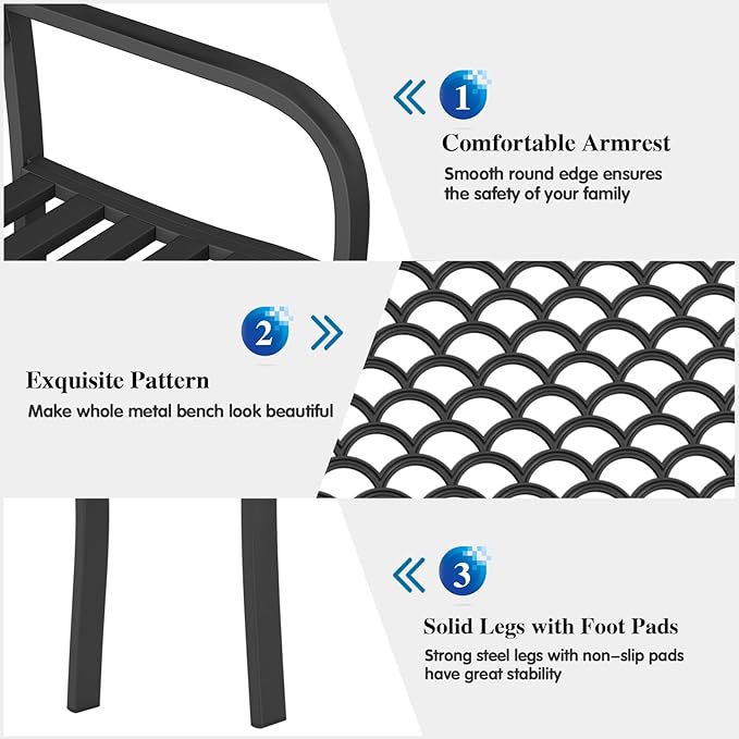 On Shine Outdoor Garden Bench Cast Iron Steel Outdoor Bench Clearance Weatherproof Metal Park Bench for Porch, Yard, Lawn, Deck (Scale)