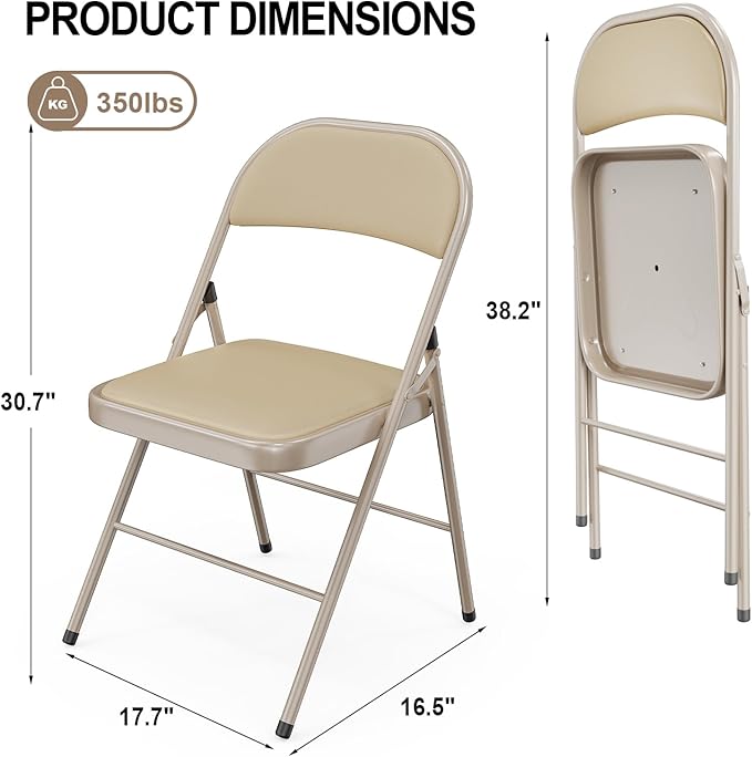 VINGLI 8 Pack Folding Chairs with Padded Seats, Metal Frame with Pu Leather Seat & Back, Capacity 350 lbs, Set of 8, Khaki