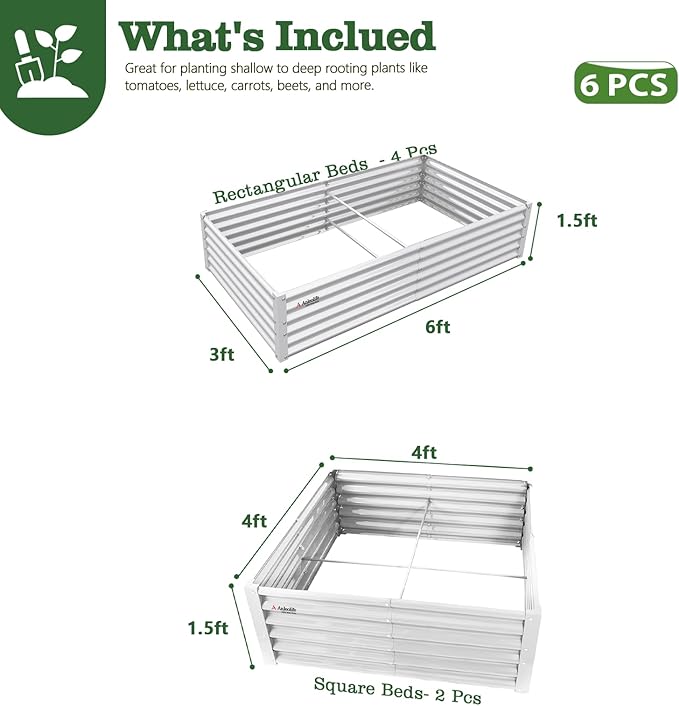 A ANLEOLIFE Set of 6, 18 Inch Tall Antique White Raised Garden Beds Kit, Rectangular & Square Planters for Organized Backyard Gardens