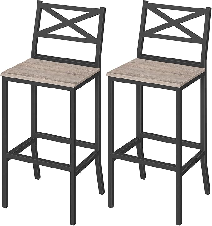 Bar Stools, Set of 2 Bar Chairs with Backrest and Footrest, 26" Tall Counter Bar Stools, Kitchen Breakfast Bar Chairs, Easy Assembly, for Dining Room, Greige BAHG0901N3