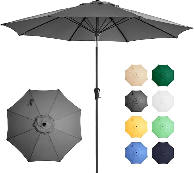 Ayge 9FT Large Outdoor Patio Umbrella Market Table Umbrella-UV Resistant, Easy Push Button Tilt and Crank, 8 Sturdy Fiberglass Ribs Heavy-Duty Pool Umbrella for Deck, Backyard,Garden,Grey