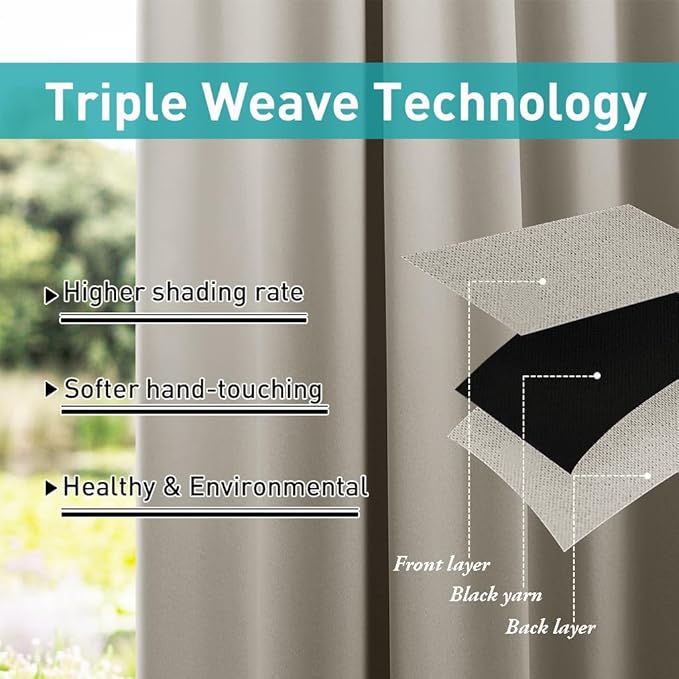 NICETOWN 2 Panels Natural Outdoor Patio Curtainss Waterproof, Detachable Sticky Tab Top Thermal Insulated Privacy Indoor Outdoor Drapes Cold & Heat Block Room Darkening for Pergola, W52 x L84