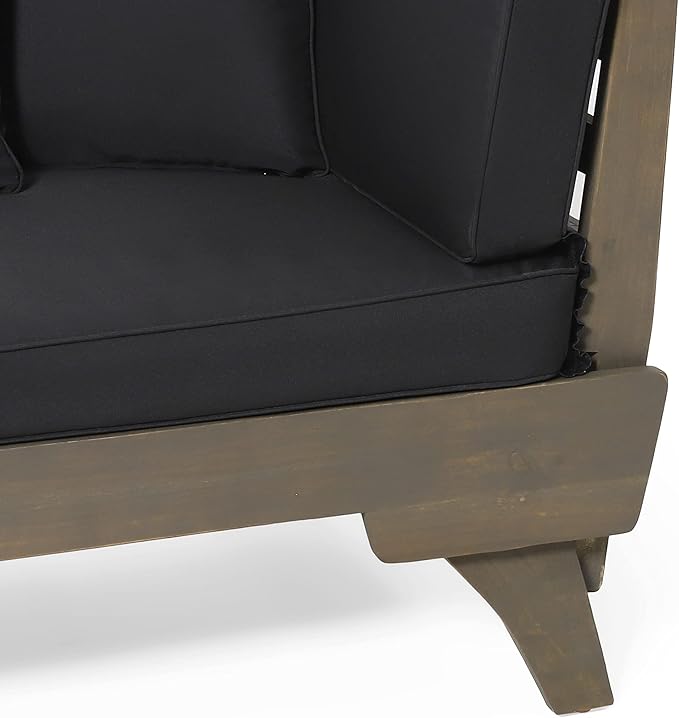 Merax Outdoor Patio Daybed Sofa,3-Seat Sofa with Foldable Arm 4 Back Pillows,Teak Acacia Wood Frame Beige Removable Cushion,Grey+Black