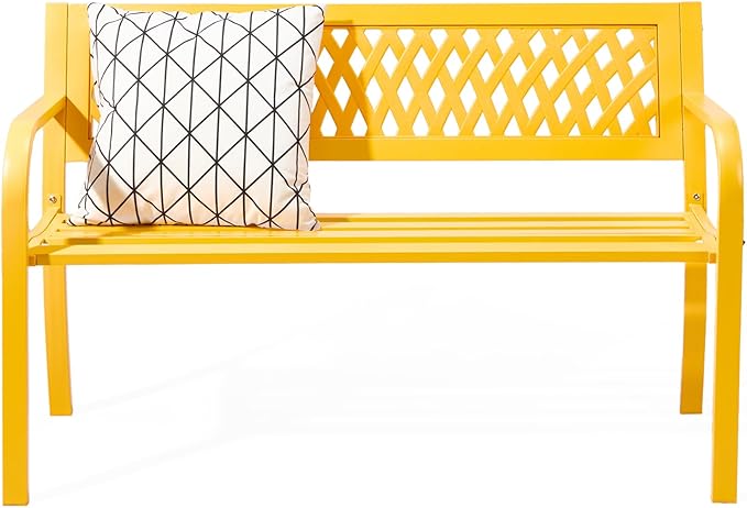 VINGLI 47'' Outdoor Bench, Weather Resistant Garden Patio Bench Powder Coated Iron Frame w/PVC Mesh Backrest Slatted Seat, 2-Person Outdoor Furniture for Front Porch Entryway Park (Yellow)