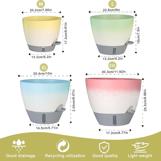 4-Piece Planter Set, 12/10/9/8-inch Self-Watering Pots with Drainage Holes, Deep Trays, Water Level Indicators, Suitable for Plants (12/10/9/8-inch, White Gradient Design)