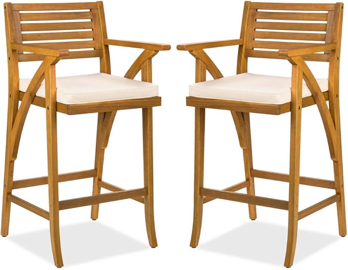 Best Choice Products Set of 2 Outdoor Acacia Wood Bar Stools Bar Chairs for Patio, Pool, Garden w/Weather-Resistant Cushions - Cream