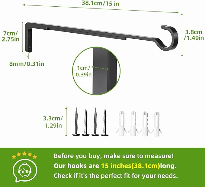 15 Inch 2 Black Pack Heavy Duty Outdoor Plant Hangers, Iron Hanging Plant Brackets for Hanging Plants Outside, Metal Plant Hooks Plant Wall Hooks for Hanging Lantern, Bird Feeder