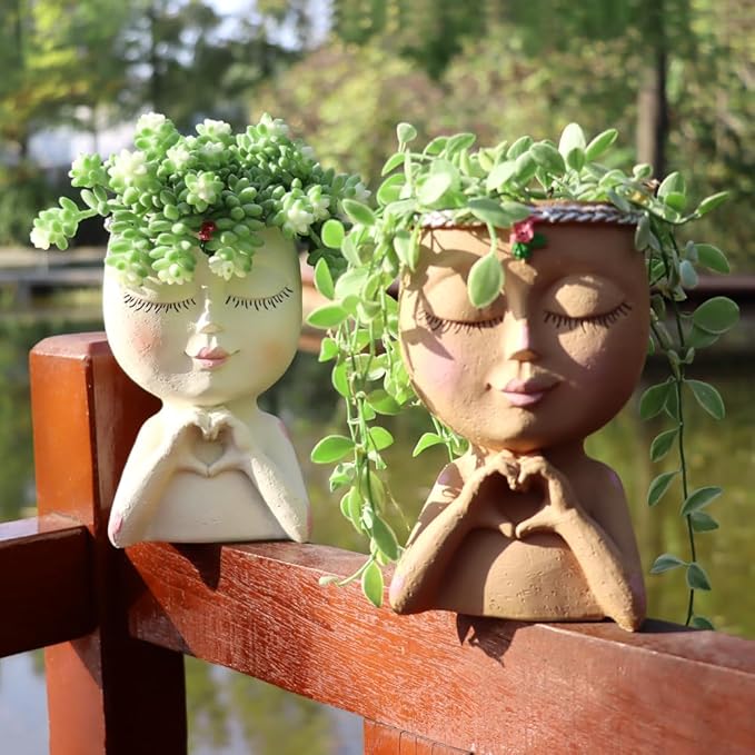 Face Planter Pot with Heart Hands, Resin Head Planter for Indoor Plants, Cute Succulent Pots with Drainage Hole, Gardening Gifts for Women Mom Teacher, 7.3" Home Decor (White)