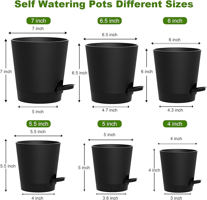 Self Watering Pots, 7/6.5/6/5.5/5/4 inch Flower Pots with Multi Mesh Drainage Holes, Small Platic Planters for Indoor Outdoor Garden Plants and Flowers (Black, 7"+6.5"+6"+5.5"+5"+4")