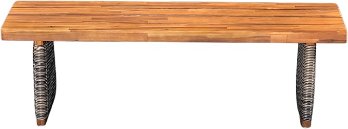 Christopher Knight Home Pasco Acacia Wood Outdoor Dining Table Set for 6, Wicker Patio Dining Set with Acacia Wood Table and Bench, Patio Table and Chair Set with Cushion+Rope Backrest, Teak+Grey