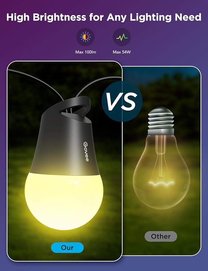 Govee Smart Outdoor String Lights 2, 96ft RGBIC Outdoor Lights with Dimmable Warm White LED Bulbs, 47 Scene Modes for Patio, Backyard, IP65 Waterproof, Compatible with Alexa, App Control