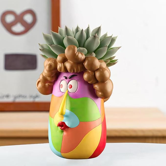 TOZLU Picasso Brutalist Beauty Face Flower Pot Ornaments Head Planter Pots Container Colorful Face Art Resin Flower Pot (Curly Haired Girl)