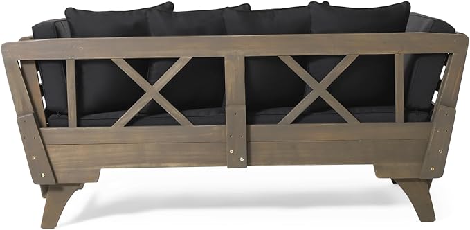 Merax Outdoor Patio Daybed Sofa,3-Seat Sofa with Foldable Arm 4 Back Pillows,Teak Acacia Wood Frame Beige Removable Cushion,Grey+Black